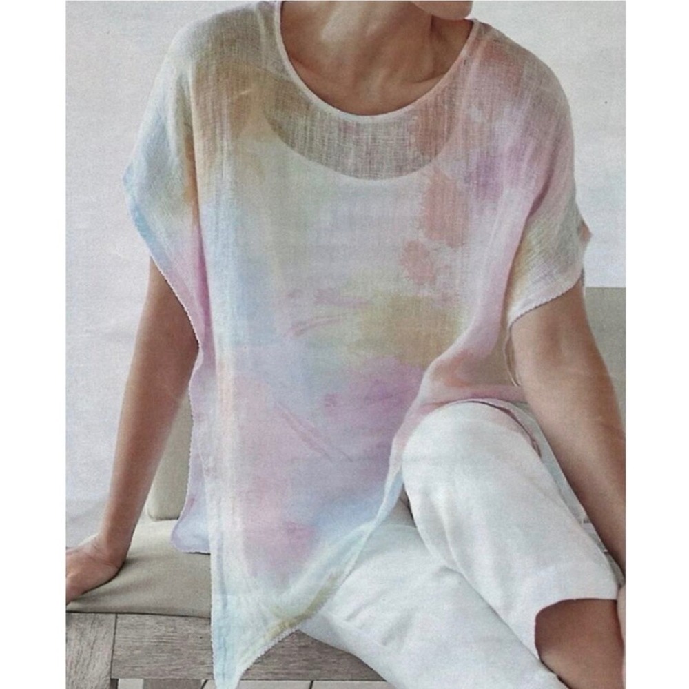 Pure Jill Linen Top Sheer Pastel Tye Dye Gauzy Summer Top Size M/L